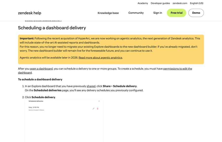 Zendesk's scheduled dashboard delivery steps, with the note about the HyperArc acquisition and agentic analytics