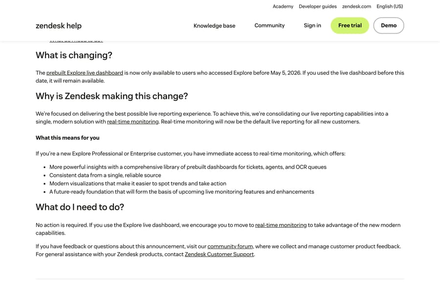 Zendesk's announcement that the prebuilt Explore live dashboard is limited to users who accessed Explore before May 5, 2026
