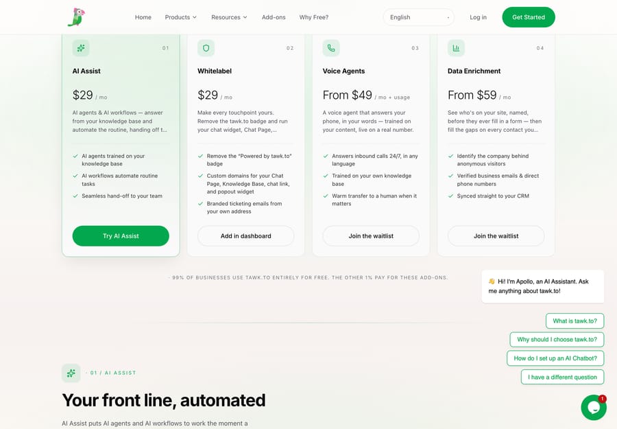 The tawk.to add-ons page showing AI Assist and Whitelabel at $29 a month, Voice Agents from $49 and Data Enrichment from $59