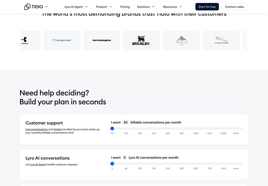 Tidio's pricing page showing the Free plan at $0 with 50 billable conversations a month