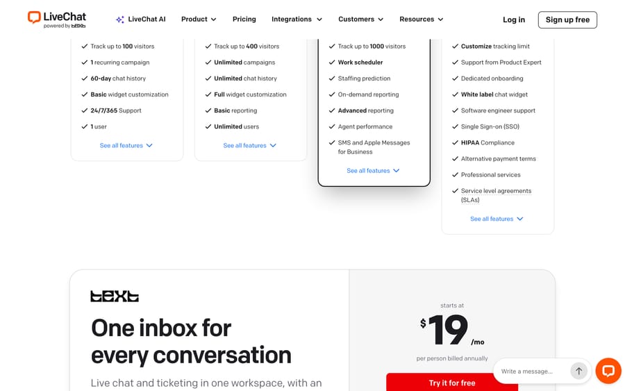LiveChat's pricing page showing Starter $19, Team $49 and Business $79 per person per month on annual billing