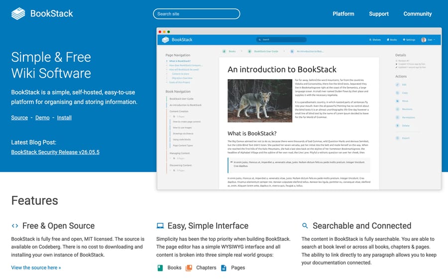 The BookStack homepage showing its books, chapters and pages structure and its MIT licensing