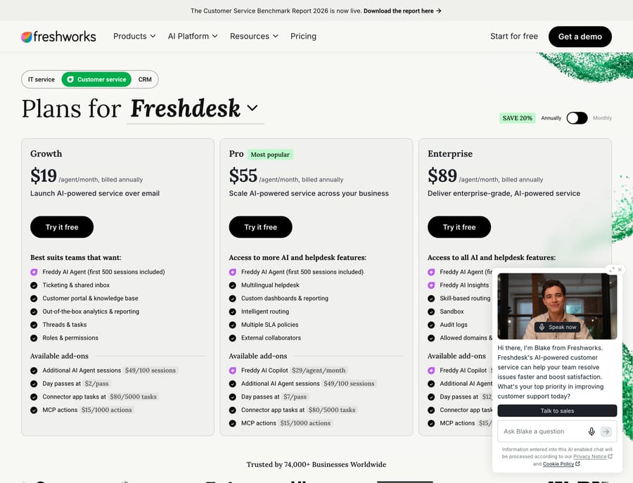 Freshworks' Freshdesk pricing page showing three plans, Growth $19, Pro $55 and Enterprise $89 per agent per month