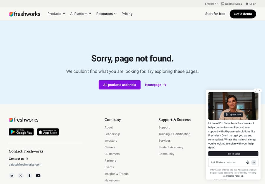The Freshworks 404 page returned by the old Freshdesk free-help-desk-software URL