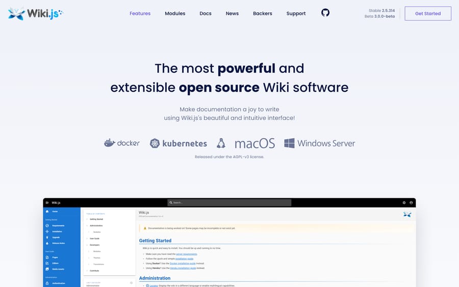 The Wiki.js homepage describing it as open source under the AGPL-v3 license with Docker and Kubernetes installs
