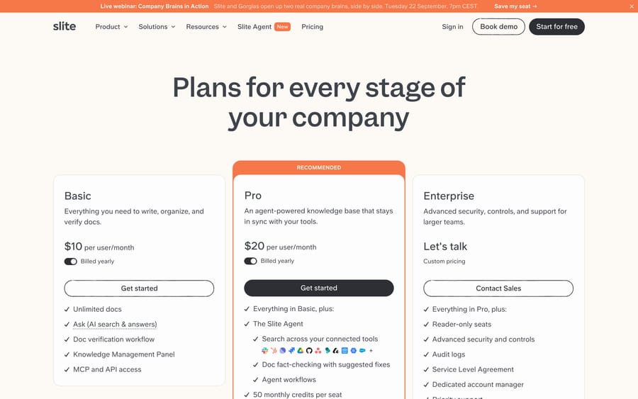 Slite's pricing page showing Basic $10 and Pro $20 per user per month billed yearly with no free plan