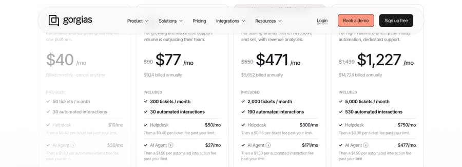 Gorgias pricing: Starter $40, Basic $77, Pro $471, Advanced $1,227 a month, with included tickets
