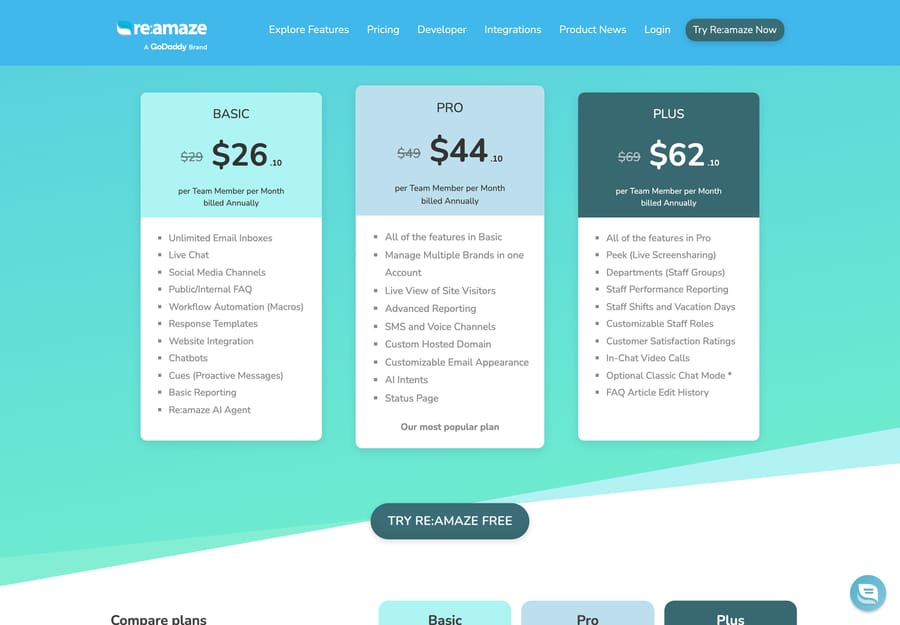 Re:amaze pricing showing Basic $26.10, Pro $44.10 and Plus $62.10 per team member per month billed annually