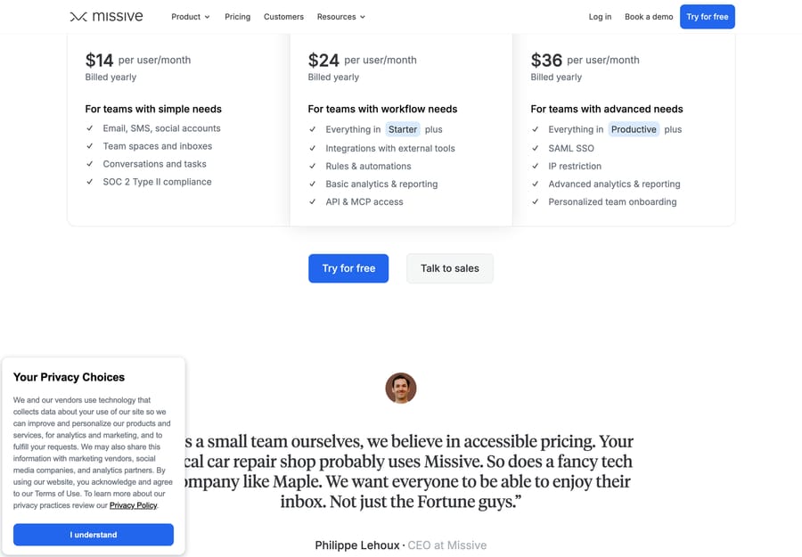 Missive pricing showing Starter $14, Productive $24 and Business $36 per user per month billed yearly