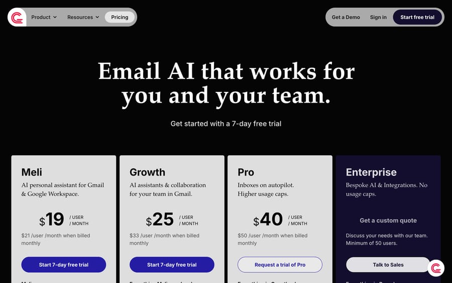 Gmelius pricing showing Meli at $19, Growth at $25 and Pro at $40 per user per month billed annually