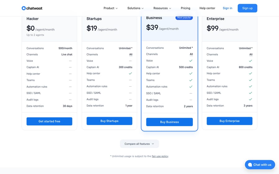 Chatwoot's pricing page: Hacker $0 for up to 2 agents with 500 conversations a month, then Startups $19