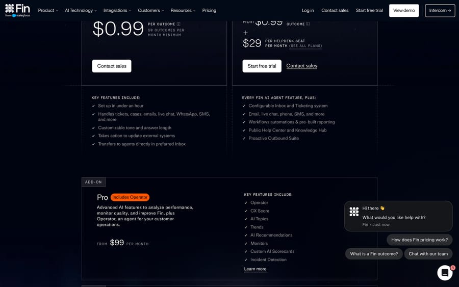 Fin's pricing page: $0.99 per outcome with a 50-outcome monthly minimum, plus Intercom help desk seats on top