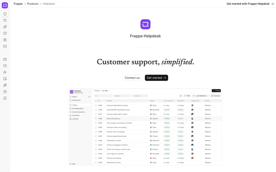 Frappe Helpdesk, an open-source support ticketing system built on the Frappe framework