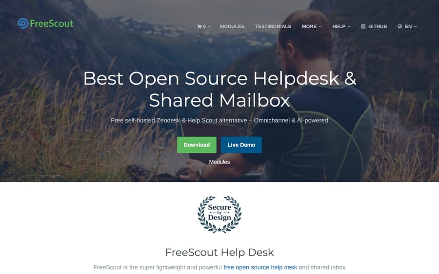 The FreeScout website, a free self-hosted help desk built on PHP and Laravel