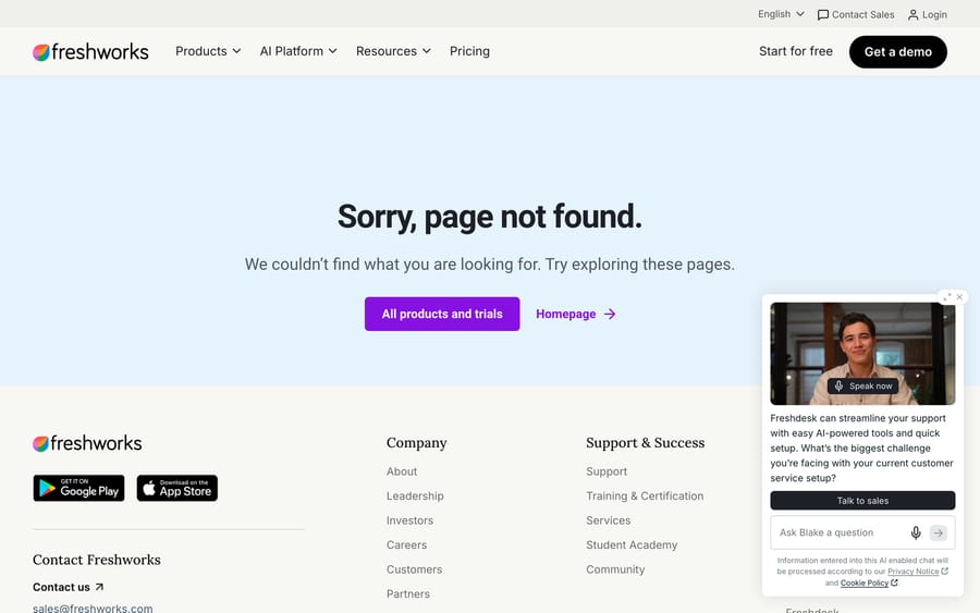 Freshworks returns a 404 page for its old free help desk software URL