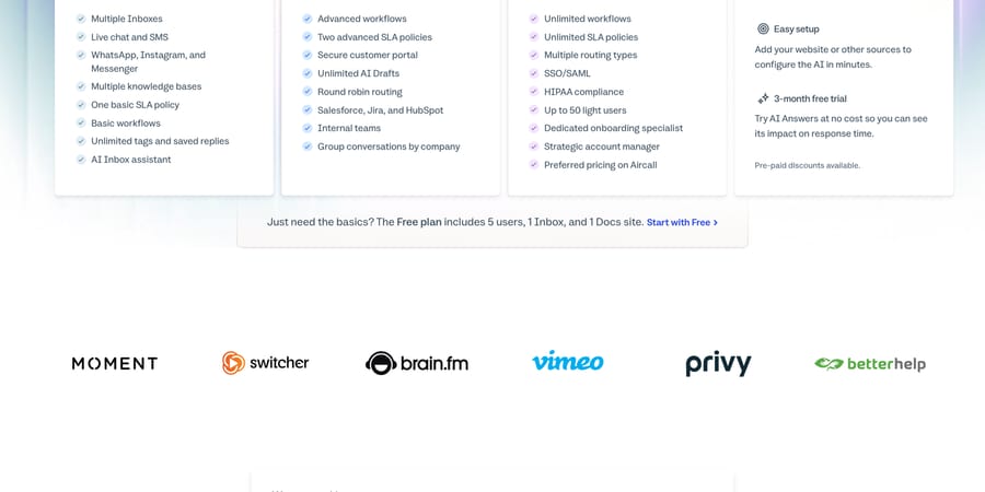 Help Scout's pricing page, with the Free plan line stating 5 users, 1 Inbox and 1 Docs site
