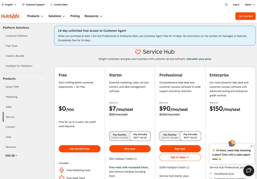 HubSpot Service Hub pricing in USD: Free $0 for up to 2 users, Starter from $7, Professional $90, Enterprise $150 per seat