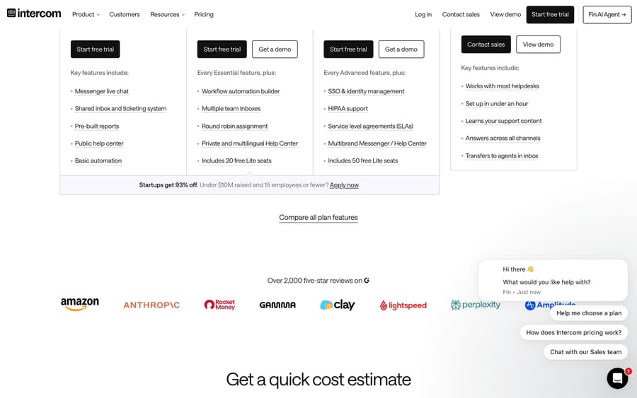 Intercom's Advanced and Expert plan features, including 20 and 50 free Lite seats and a 93%-off startup offer