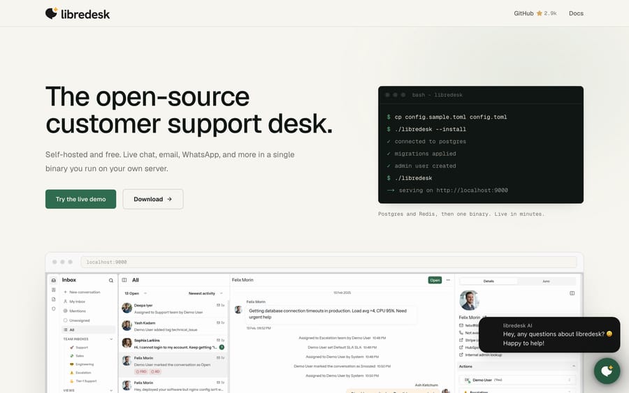 Libredesk describes itself as the open-source customer support desk, self-hosted and free