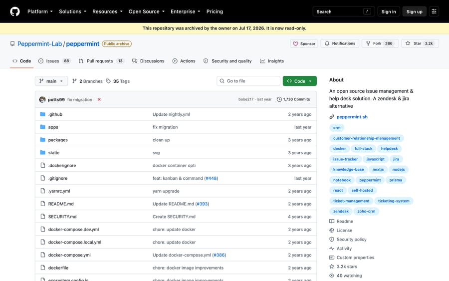 The Peppermint GitHub repository showing an archived, read-only banner dated July 17, 2026