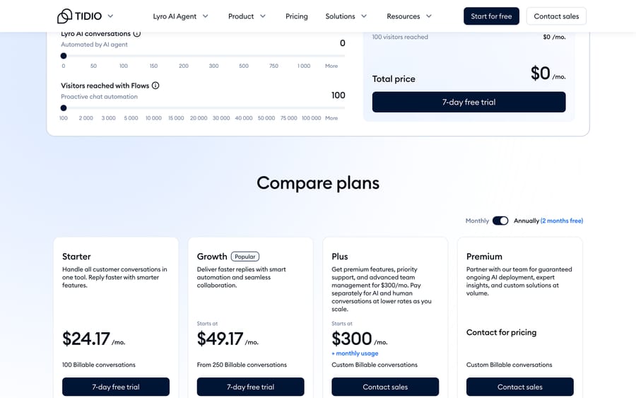 Tidio's plan comparison: Starter $24.17, Growth from $49.17, Plus $300, with a free tier metered on visitors reached