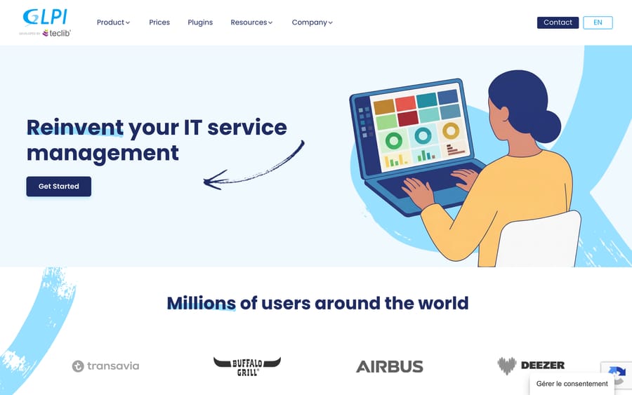 The GLPI website, open-source IT service management with help desk, assets and financial management