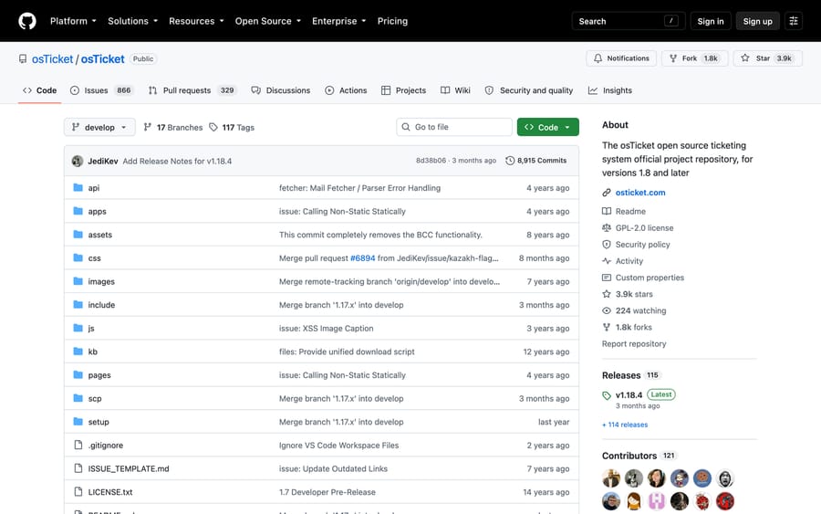 The osTicket GitHub repository page showing the GPL-2.0 license, 115 releases and v1.18.4 as latest