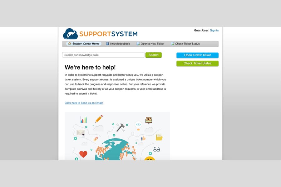 The osTicket customer portal with a knowledge base search box and buttons to open and check a ticket