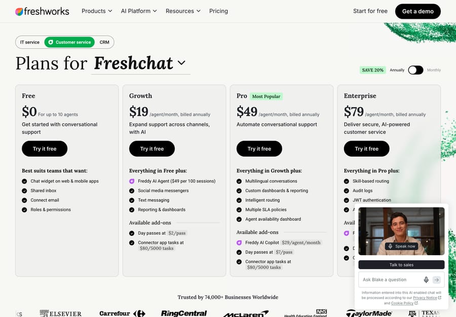Freshworks' Freshchat pricing page showing a Free plan at $0 for up to 10 agents next to Growth, Pro and Enterprise