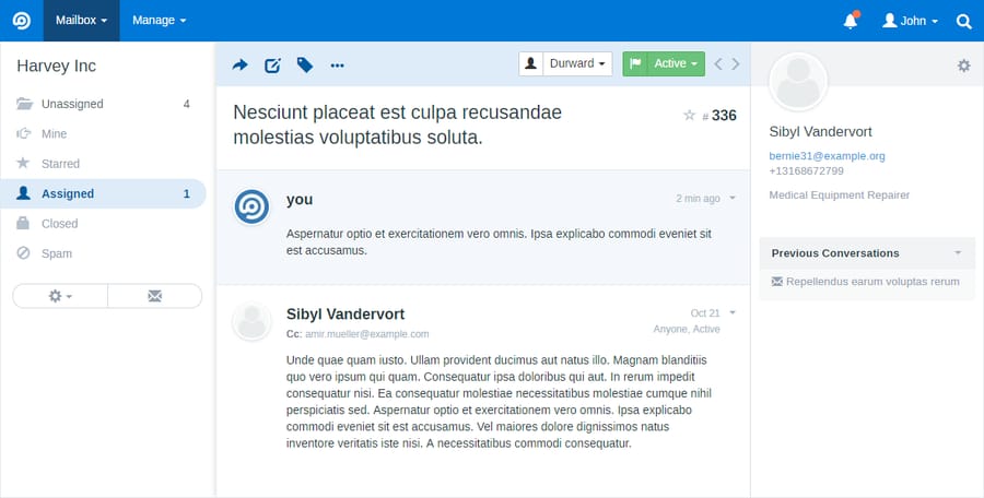 The FreeScout conversation view with the mailbox folder list, a threaded reply and the customer sidebar