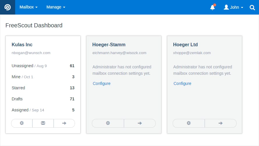 The FreeScout dashboard showing mailbox counts and recent conversation activity