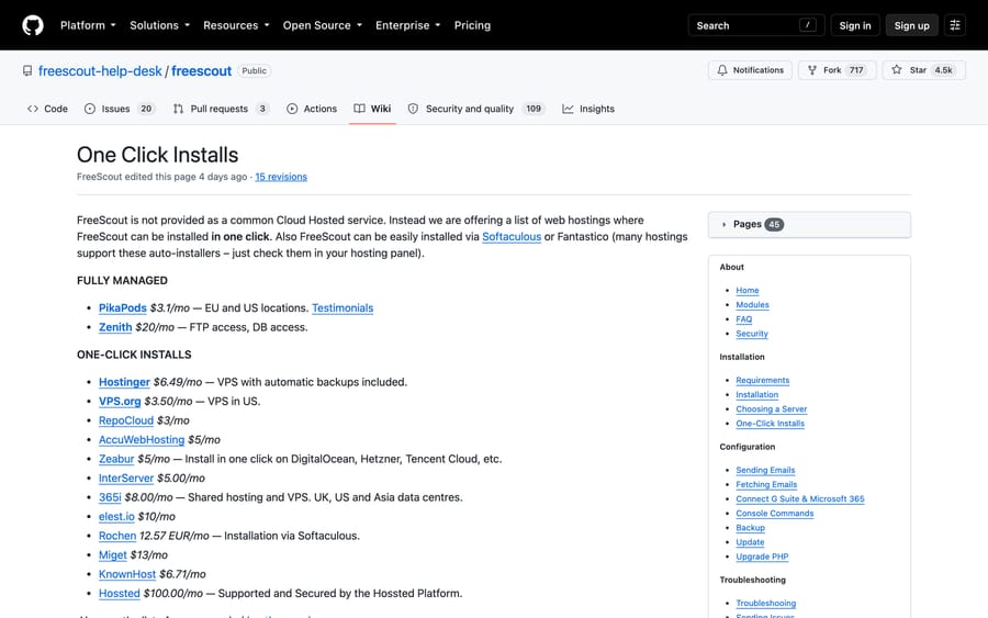 FreeScout's One Click Installs wiki listing managed hosting from $3.10 a month and twelve one-click hosts