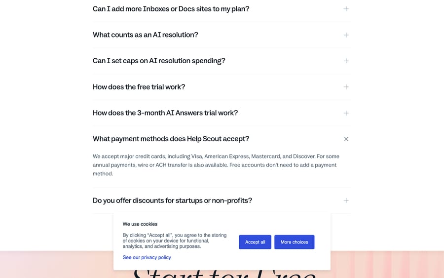 Help Scout's pricing page showing Free, Standard at $25, Plus at $45 and Pro at $75 per user a month