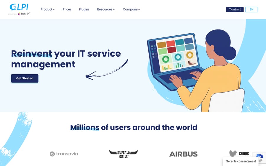 GLPI homepage showing its IT service management pitch and customer logos including Airbus and Transavia