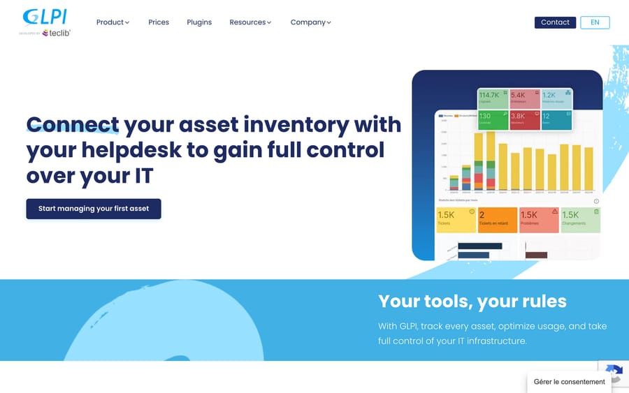GLPI asset inventory dashboard from the vendor's CMDB page, with counts for software, computers and licenses
