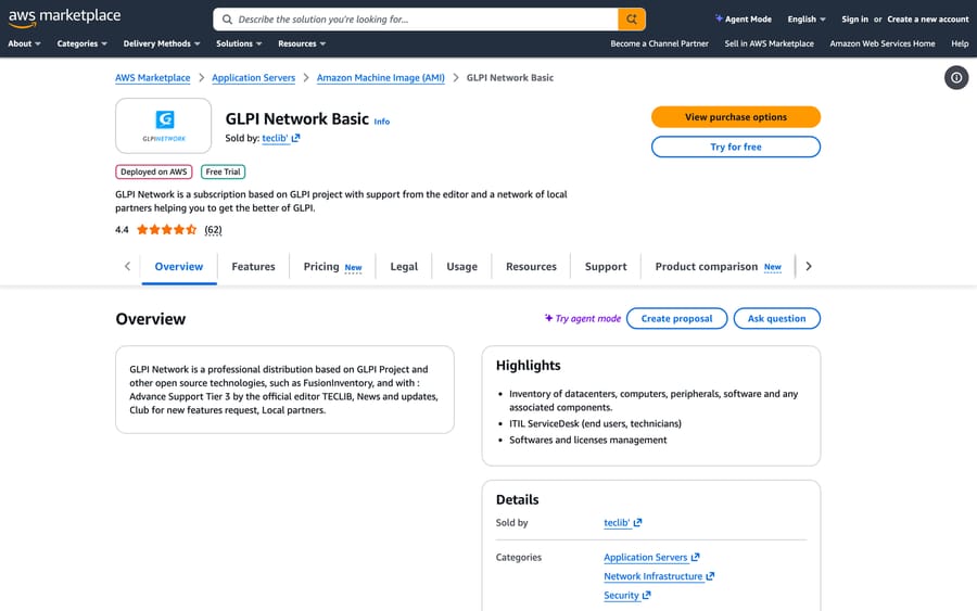 AWS Marketplace listing for GLPI Network Basic, sold by teclib', rated 4.4 from 62 ratings