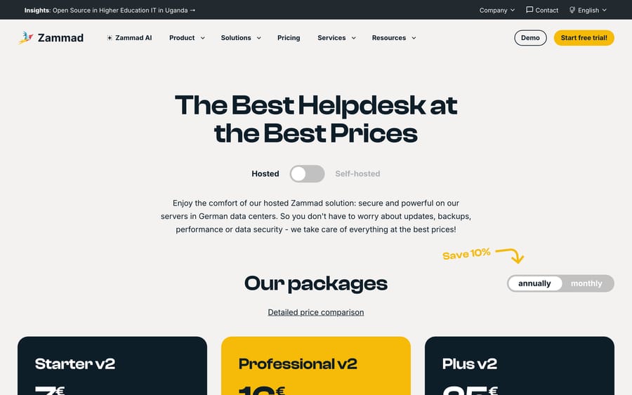 Zammad pricing page showing hosted Starter, Professional and Plus packages