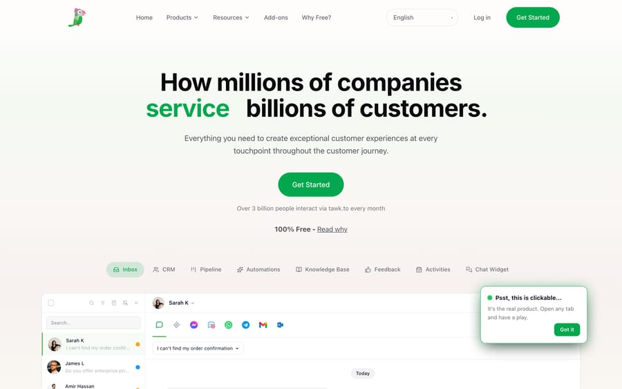 tawk.to homepage with its free live chat pitch and a working inbox demo embedded in the page