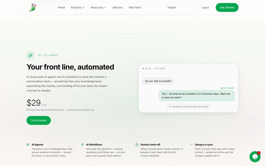 tawk.to's AI Assist add-on priced at $29 a month with a forever-free tier for limited volume