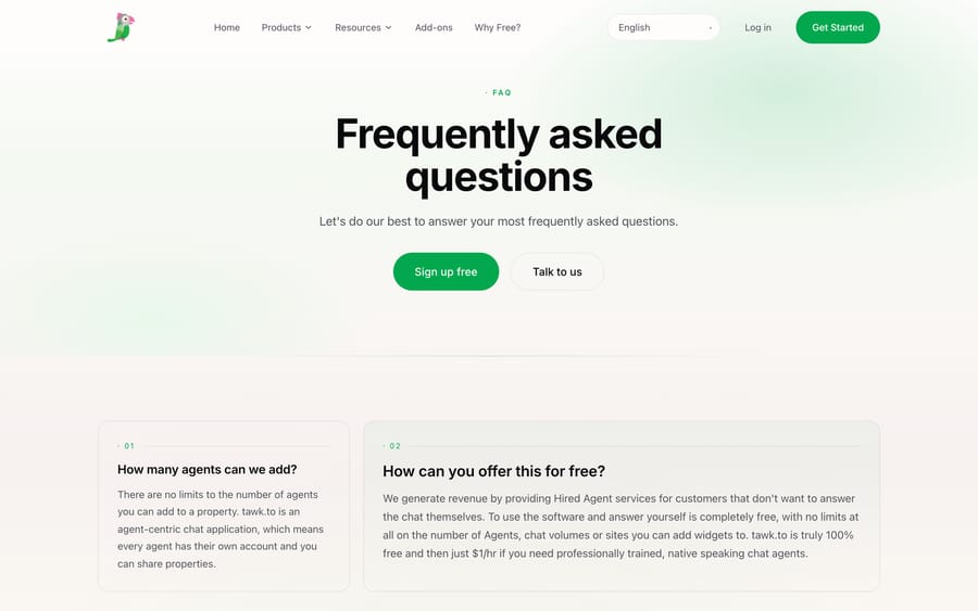 tawk.to FAQ answering that there are no limits on agents, chat volume or sites, and that hired agents cost $1 per hour