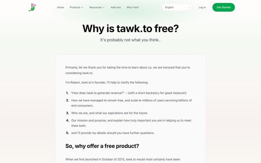 tawk.to's Why Free page explaining the hired-agent revenue model and the market-share table it cites
