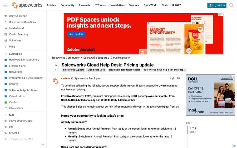 Spiceworks community post announcing the Premium price increase effective October 1, 2026