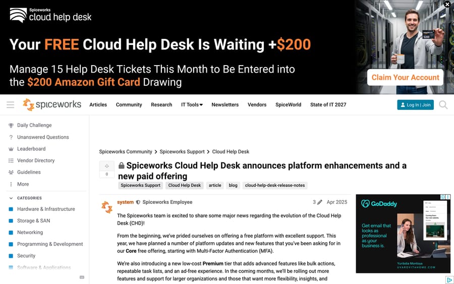 Spiceworks' April 2025 community post announcing Premium and the move to a five-seat free limit