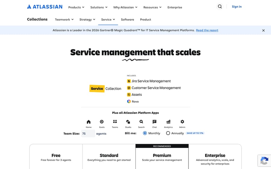 Jira Service Management's pricing page showing the Free plan, free forever for 3 agents at $0