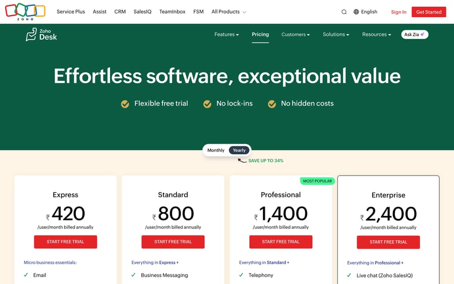Zoho Desk's pricing page with its plan tiers and currency selector