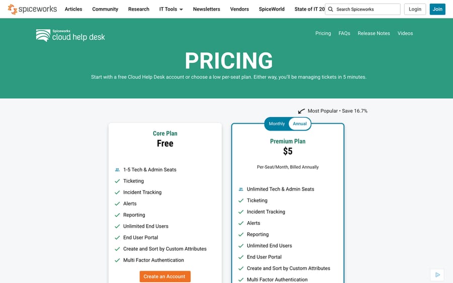 Spiceworks pricing page showing the free Core Plan at 1-5 tech and admin seats beside Premium at $5 a seat