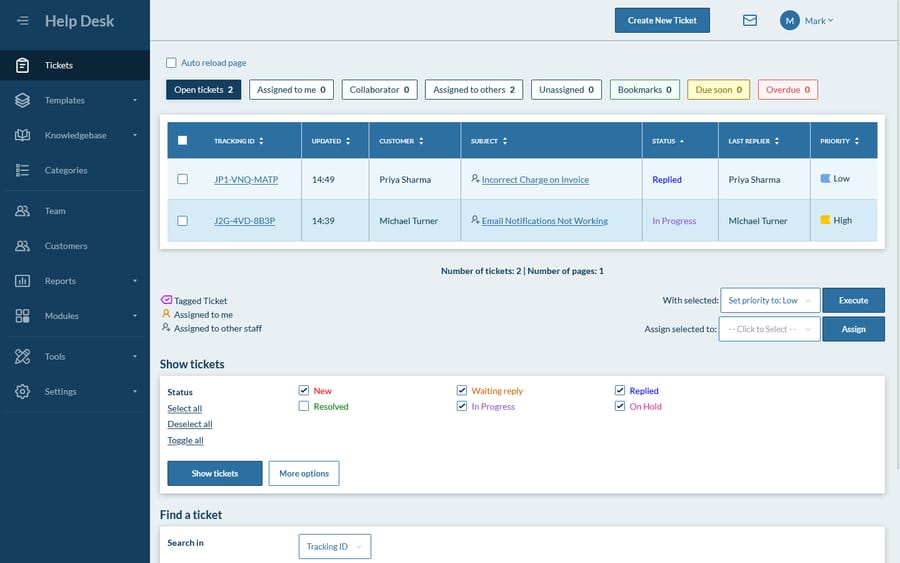 The HESK staff panel ticket list with tracking IDs, customer, status, last replier and priority columns