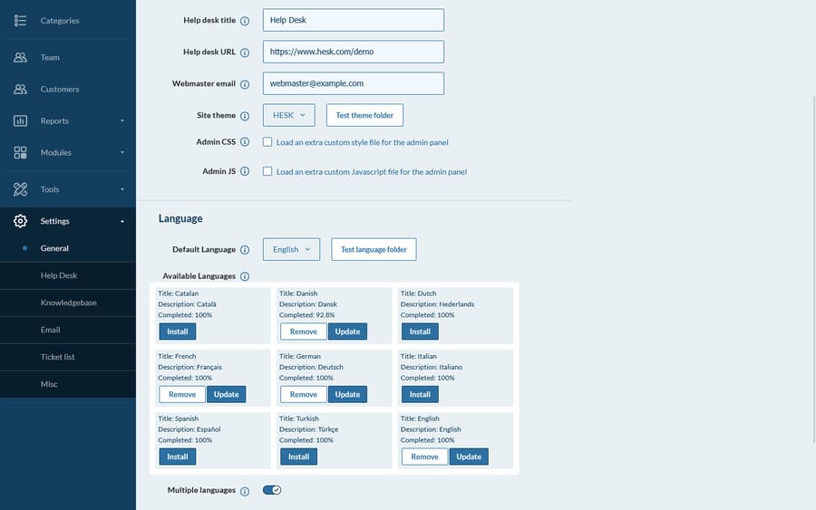HESK's extensive settings screen in the staff panel, showing the configuration sections