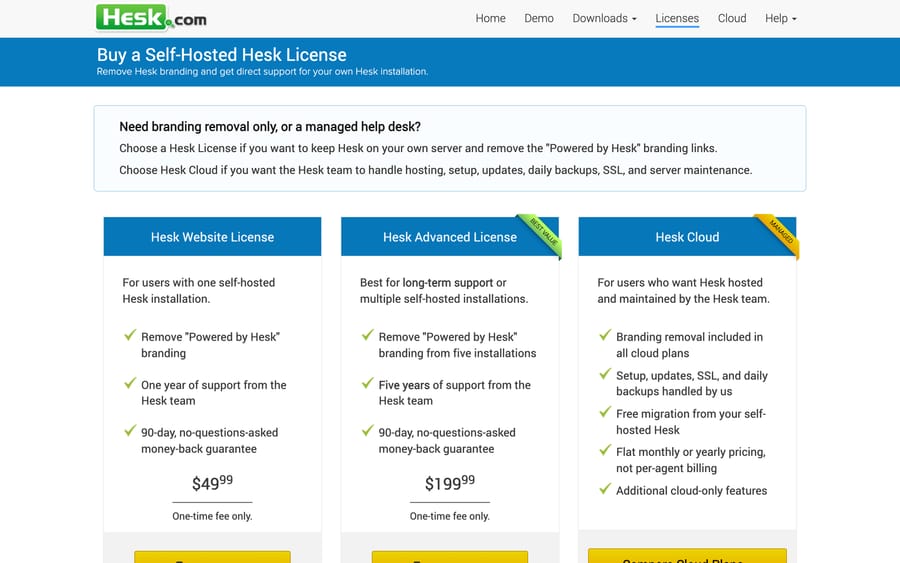 HESK's license page: Website License at $49.99 and Advanced License at $199.99, both one-time fees