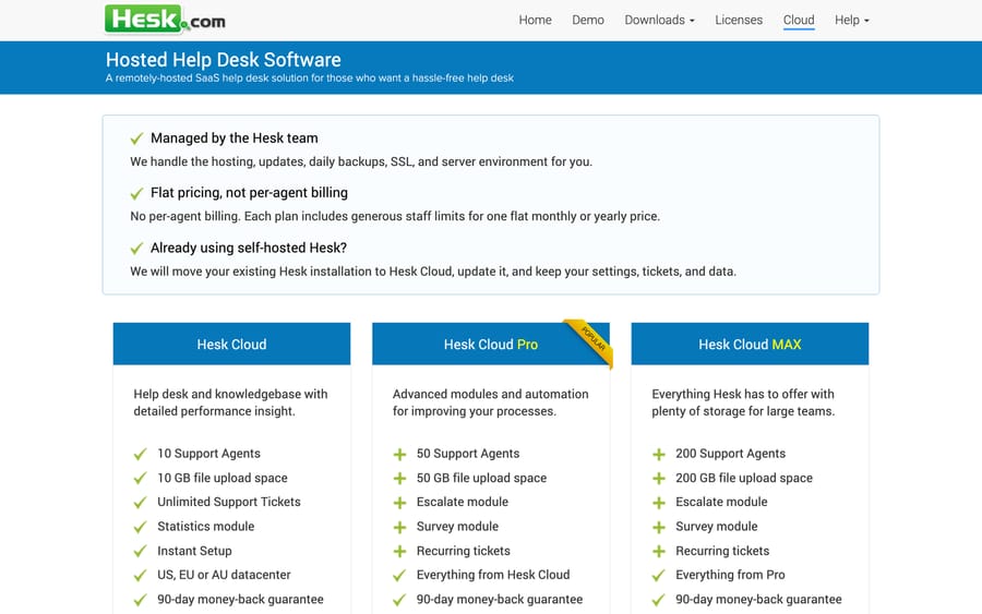 Hesk Cloud pricing: three flat plans at 10, 50 and 200 support agents with matching storage